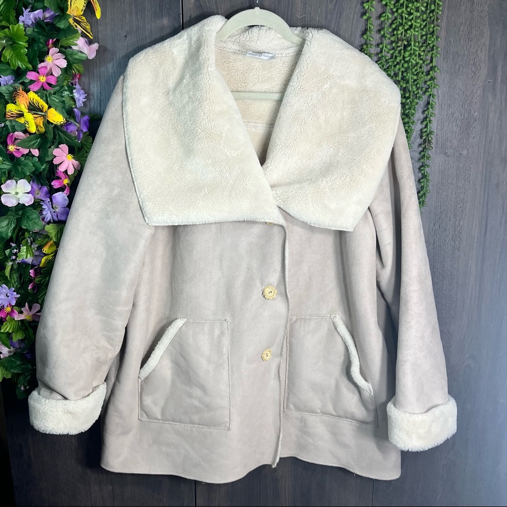 Signature Collection Tan Button-Down Faux Winter Coat Size 1X